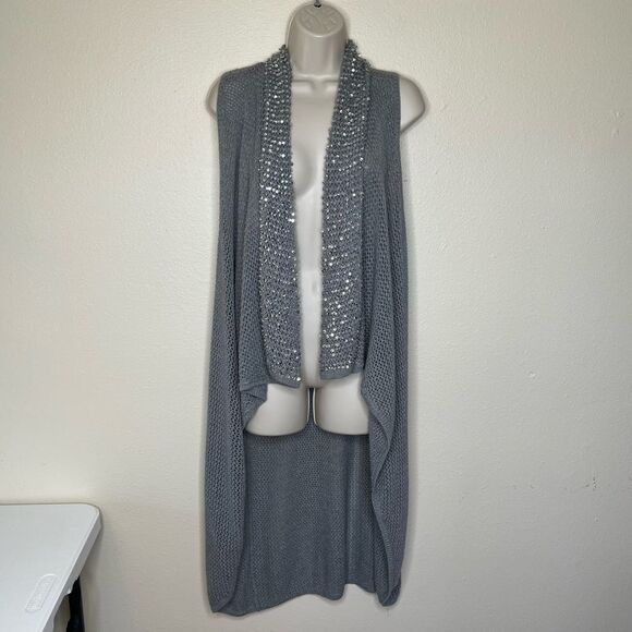 Gianni Bini Gray Duster Long Line Vest Sequin Beaded Waterfall Women Size Large - Picture 11 of 11